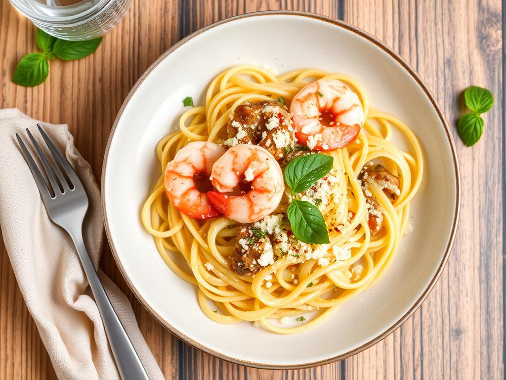 Tagliatelle with shrimp and parmesan cheeseфото